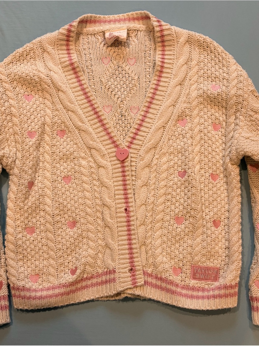 Taylor Swift Cream Cardigan with Pink Heart Accents
